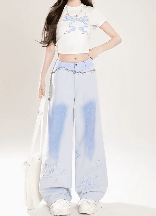スターパッチグラデーションワイドレッグジーンズ PIX-JN-1596