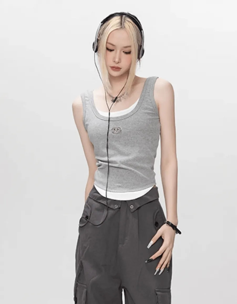 ブラックタンクトップロゴレイヤード風トップス PIX-TS-1697