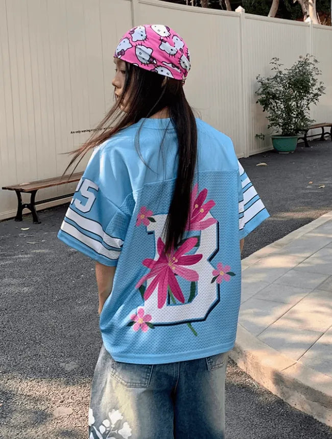 フラワープリントスポーティーメッシュジャージトップス PIX-TS-1687