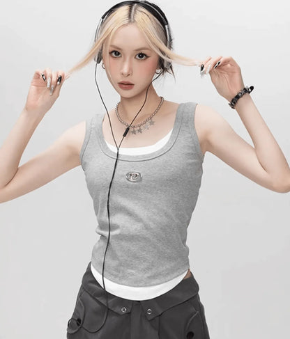 ブラックタンクトップロゴレイヤード風トップス　PIX-TS-1697