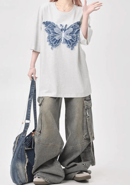 バタフライデニムアートTシャツ　PIX-TS-1683