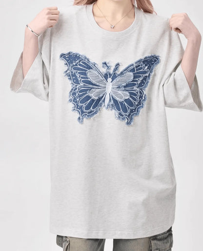 バタフライデニムアートTシャツ　PIX-TS-1683