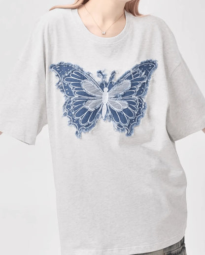 バタフライデニムアートTシャツ　PIX-TS-1683
