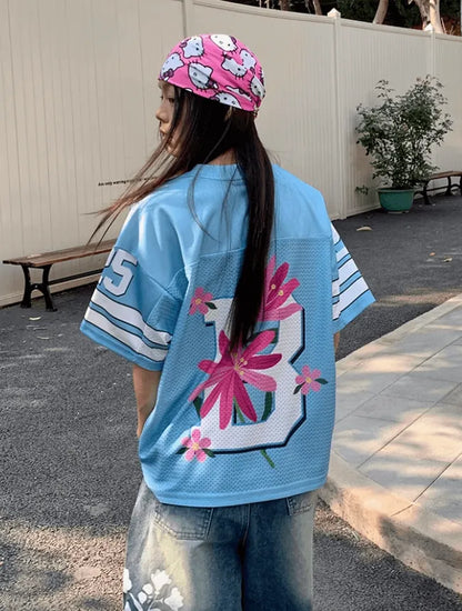 フラワープリントスポーティーメッシュジャージトップス  PIX-TS-1687